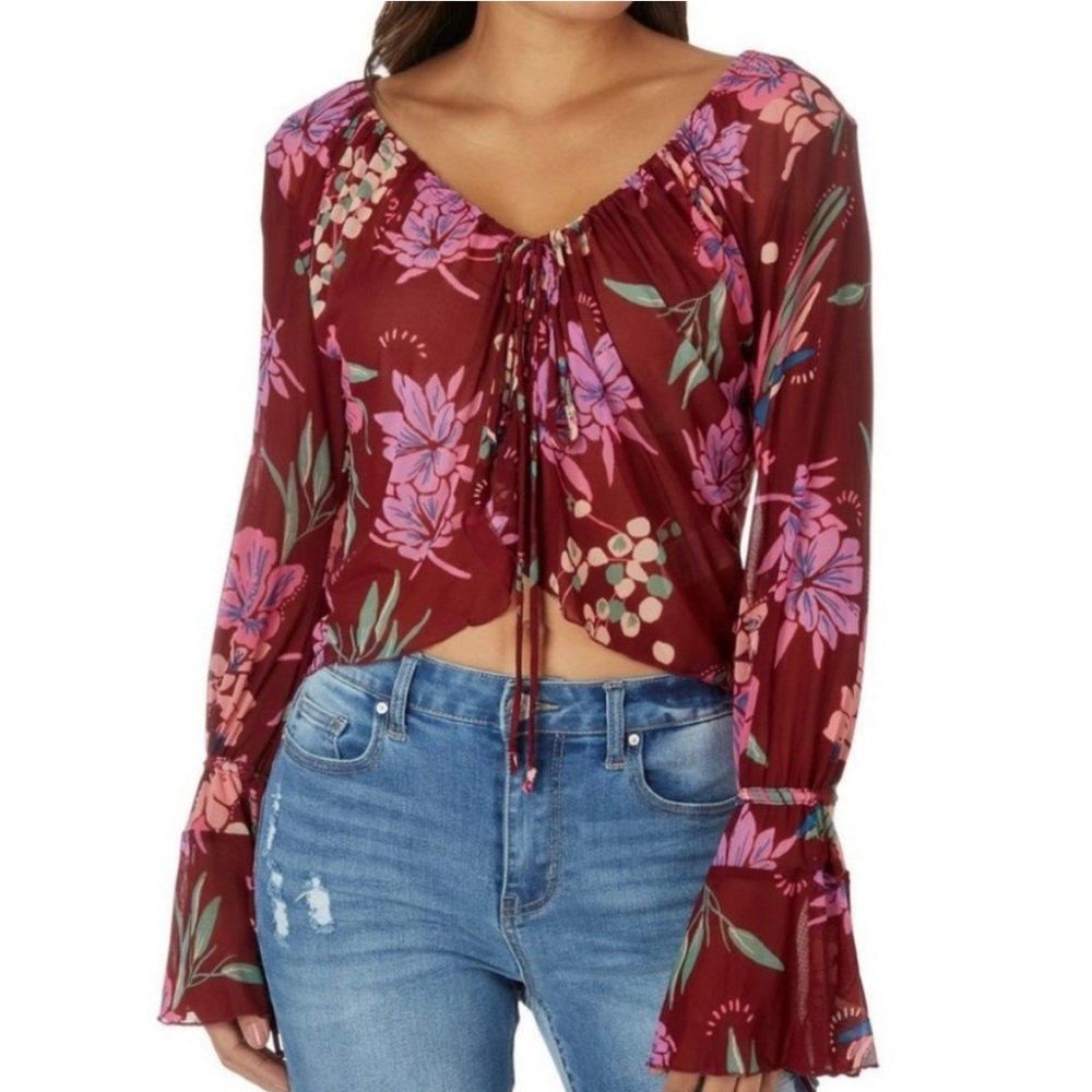 Free People Mesh Floral Long Sleeve XS Women Blouse Brand New